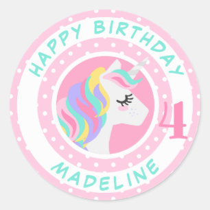 Happy Birthday Unicorn Pastel Polka Dots Classic Round Sticker