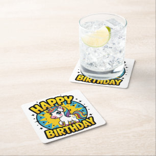 Happy Birthday Unicorn Square Paper Coaster