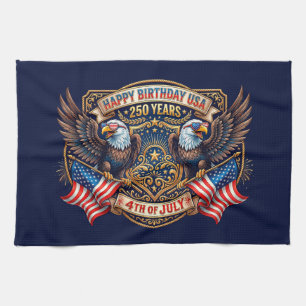 Happy Birthday USA 250 Years Patriotic Eagles Tea Towel