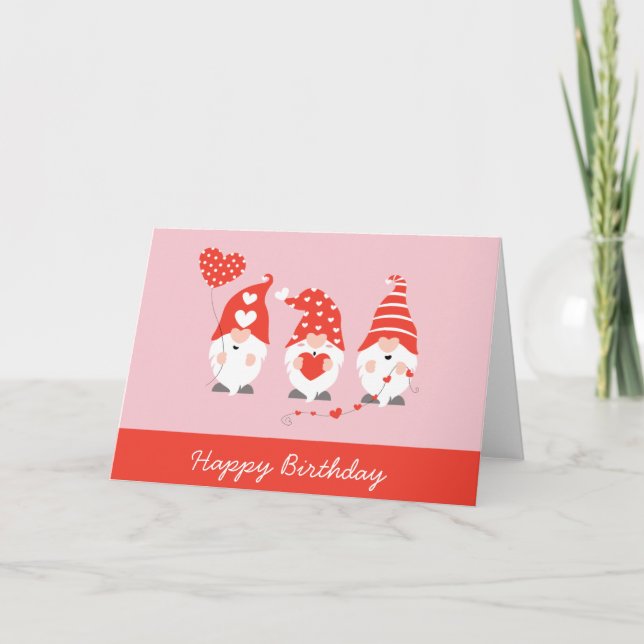 Happy Birthday Valentine Gnomes Red Pink Card (Front)