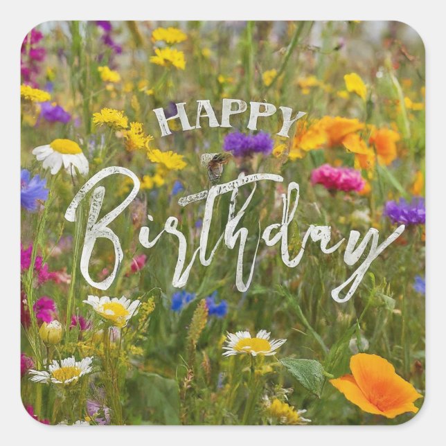 Happy Birthday Vibrant Colourful Spring Flowers Square Sticker (Front)