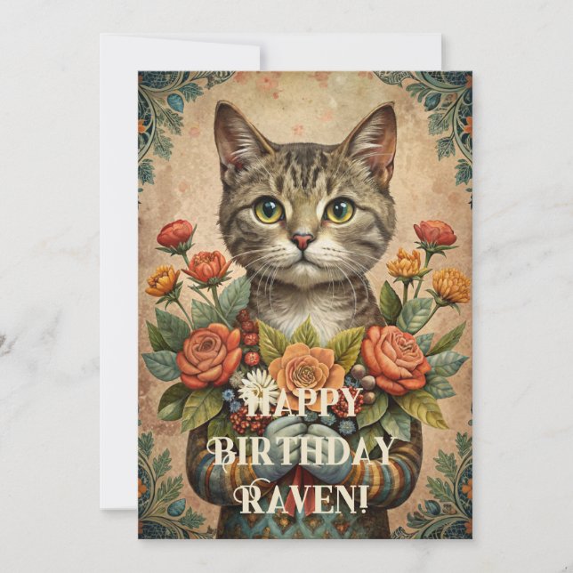 Happy birthday vintage cat holiday card (Front)