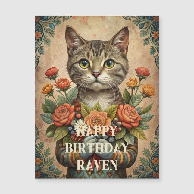 Happy birthday vintage cat magnetic card (Front)