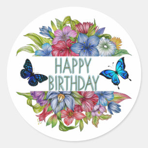Happy Birthday Vintage Colourful Floral  Classic Round Sticker