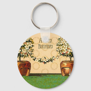 Happy Birthday Vintage Flowering Pots Keychain