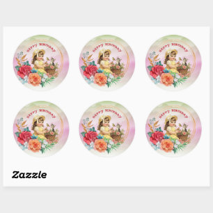 Happy Birthday Vintage Girl Flowers in Basket Classic Round Sticker