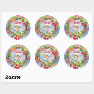 Happy Birthday Vintage Girl Raspberries Frame Classic Round Sticker