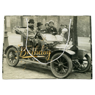 Happy Birthday Vintage Old Car and People     Large Gift Bag
