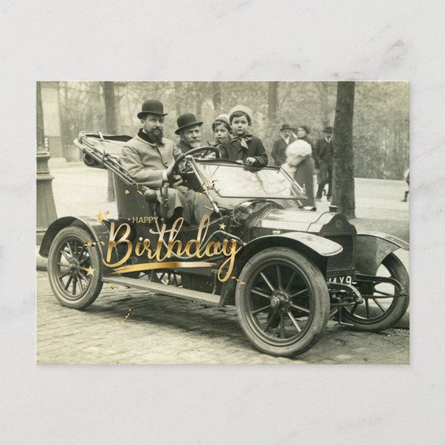 Happy Birthday Vintage Old Car and People  Postcard (Front)