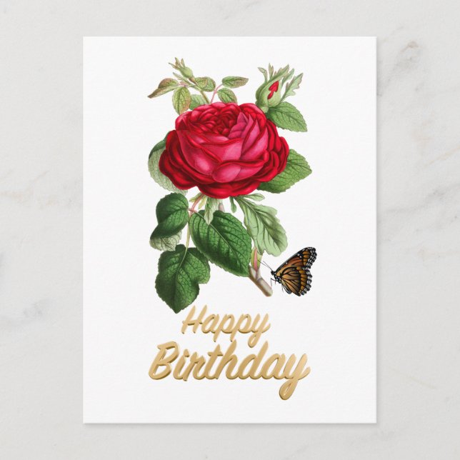 Happy Birthday Vintage Red Rose with Butterfly Postcard (Front)