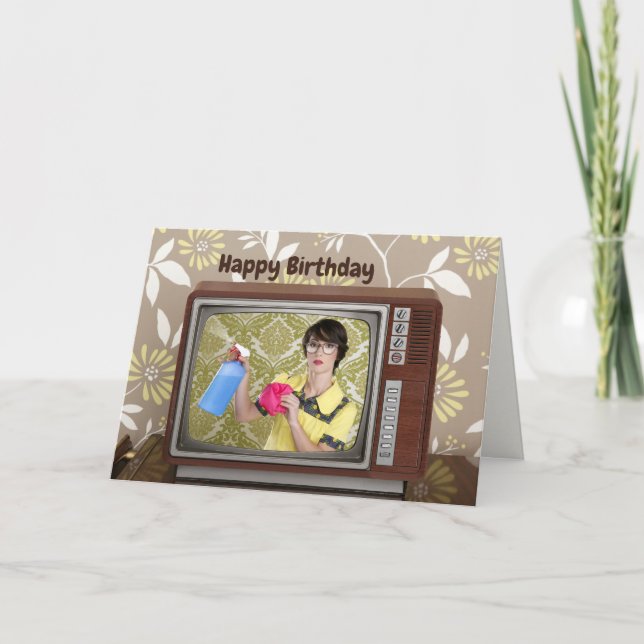 Happy Birthday Vintage Retro Housewife Television Card (Front)