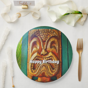 Happy birthday vintage retro wood tiki face cool paper plate