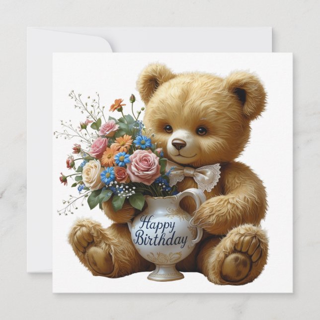 Happy Birthday Vintage Teddy Bear with Flowers Card (Front)