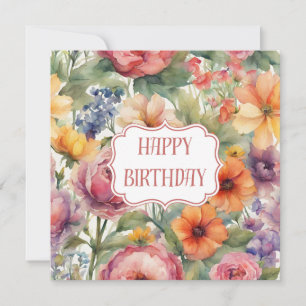 Happy Birthday Vintage Watercolor Garden Flowers Card