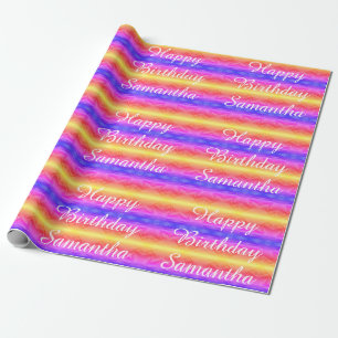 Happy Birthday Vivid Pink Blue Yellow Stripes Wrapping Paper