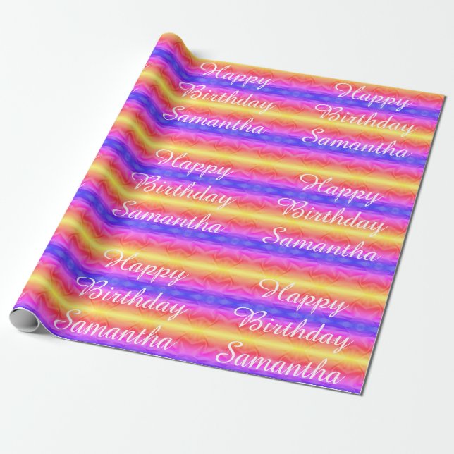 Happy Birthday Vivid Pink Blue Yellow Stripes Wrapping Paper (Unrolled)