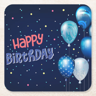 Happy Birthday w/Balloons Square Paper Coaster