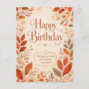 Happy Birthday Warm Autumn Botanical Watercolor Postcard