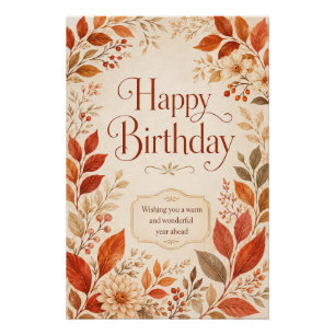 Happy Birthday Warm Autumn Botanical Watercolor Poster