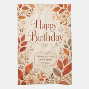 Happy Birthday Warm Autumn Botanical Watercolor Tea Towel