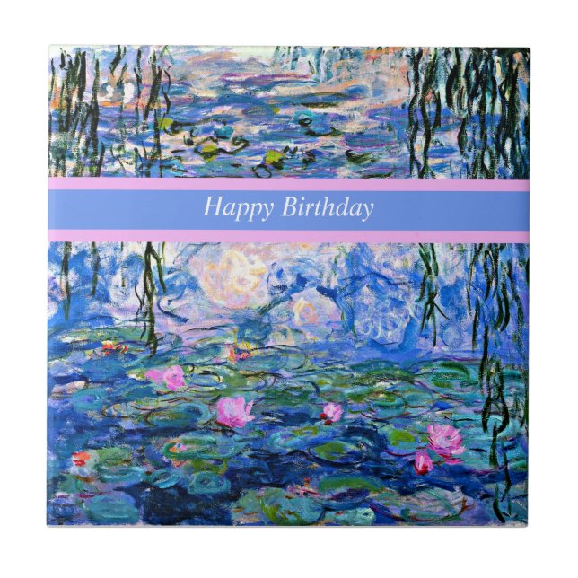 Happy Birthday, water lilies painting, Ceramic Tile (Front)