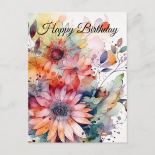 Happy Birthday Watercolor Abstract Flowers  Postcard