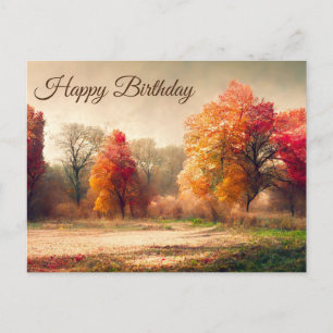 Happy Birthday Watercolor Autumn Forest Landscape Postcard