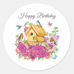 Happy Birthday Watercolor Birdhouse Lilac Flowers Classic Round Sticker