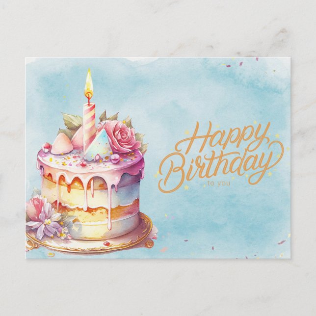Happy Birthday Watercolor Cake with Flowers  Postcard (Front)