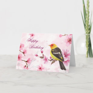 Happy Birthday Watercolor Cherry Blossom & Bird Card
