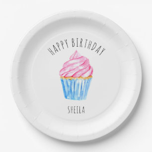 Happy Birthday watercolor cupcake cute pink icing Paper Plate