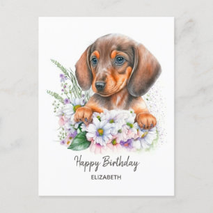Happy Birthday   Watercolor Dachshund and Florals Postcard