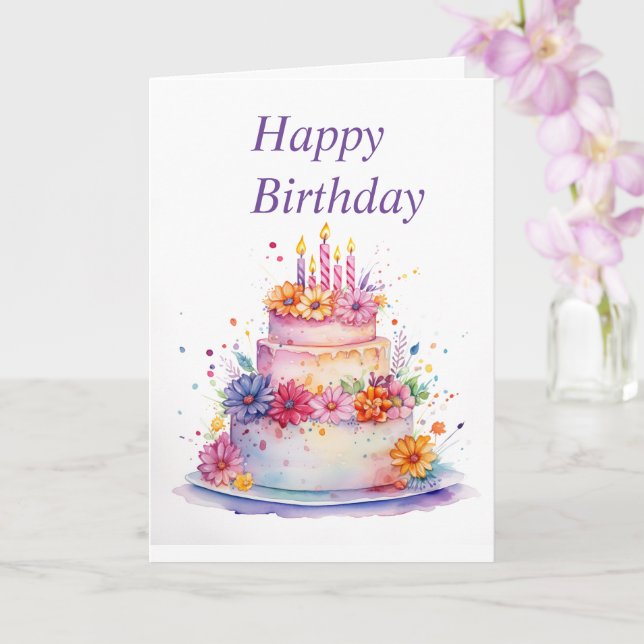 Happy Birthday Watercolor Floral Cake Card (Orchid)