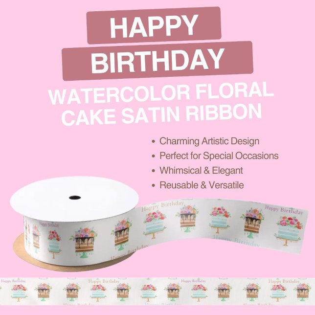 Happy Birthday Watercolor Floral Cake Satin Ribbon (Creator Uploaded)