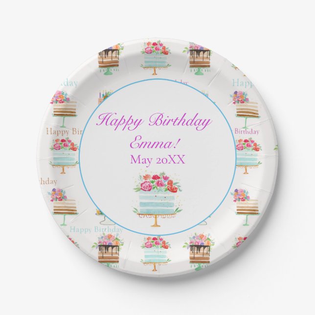 Happy Birthday Watercolor Floral Cakes Paper Plate (Front)