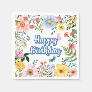Happy Birthday Watercolor Flowers Napkin
