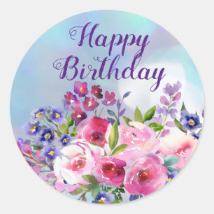 Happy Birthday Watercolor Flowers Round Stickers