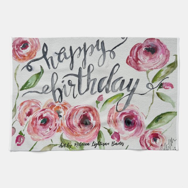 Happy Birthday Watercolor Flowers Tea Towel (Horizontal)
