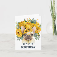 Happy birthday watercolor frenchie yellow flowers