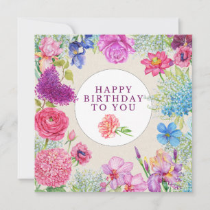Happy Birthday Watercolor Garden Flowers Card