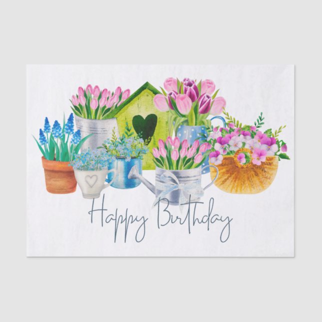 Happy Birthday Watercolor Garden Flowers - Tulips  Tissue Paper (Front)