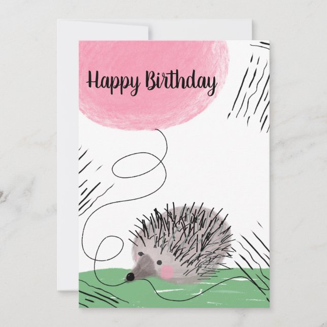 Happy Birthday Watercolor Hedgehog Doodle Card (Front)