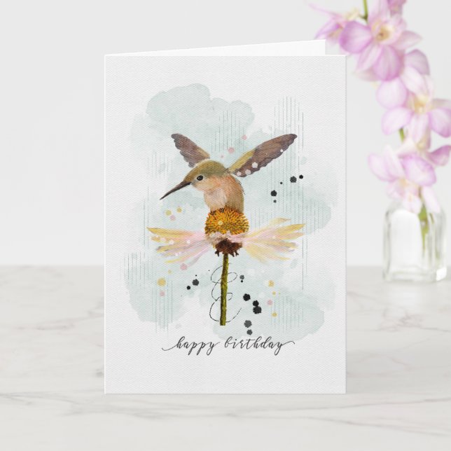 Happy Birthday Watercolor Hummingbird Card (Orchid)