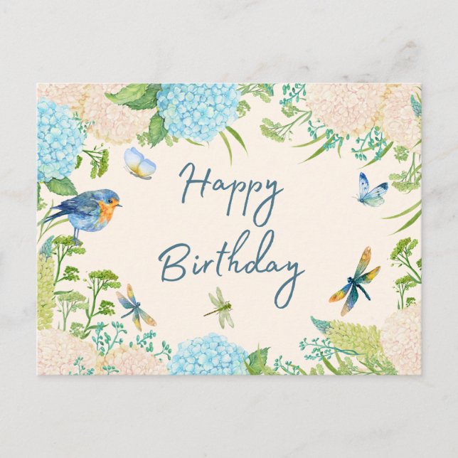 Happy Birthday Watercolor Hydrangea Flowers Postcard (Front)