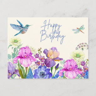 Happy Birthday Watercolor Iris Flowers Nature Postcard
