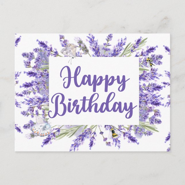 Happy Birthday Watercolor Lavender Flowers Postcard (Front)