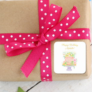 Happy Birthday Watercolor Lemon Floral Cake Square Sticker