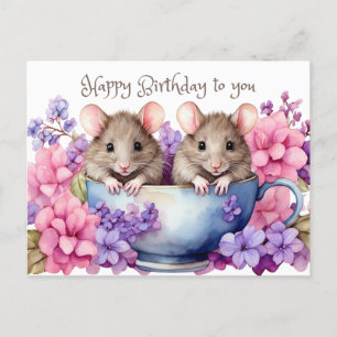 Happy Birthday Watercolor Mice in a Teacup Postcard