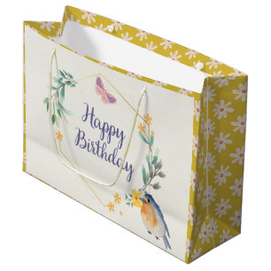 Happy Birthday Watercolor Nature Botanical Bird Large Gift Bag