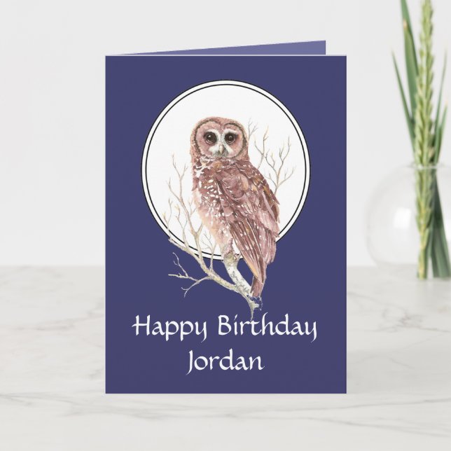 Happy Birthday Watercolor Night Owl Custom Name Card (Front)